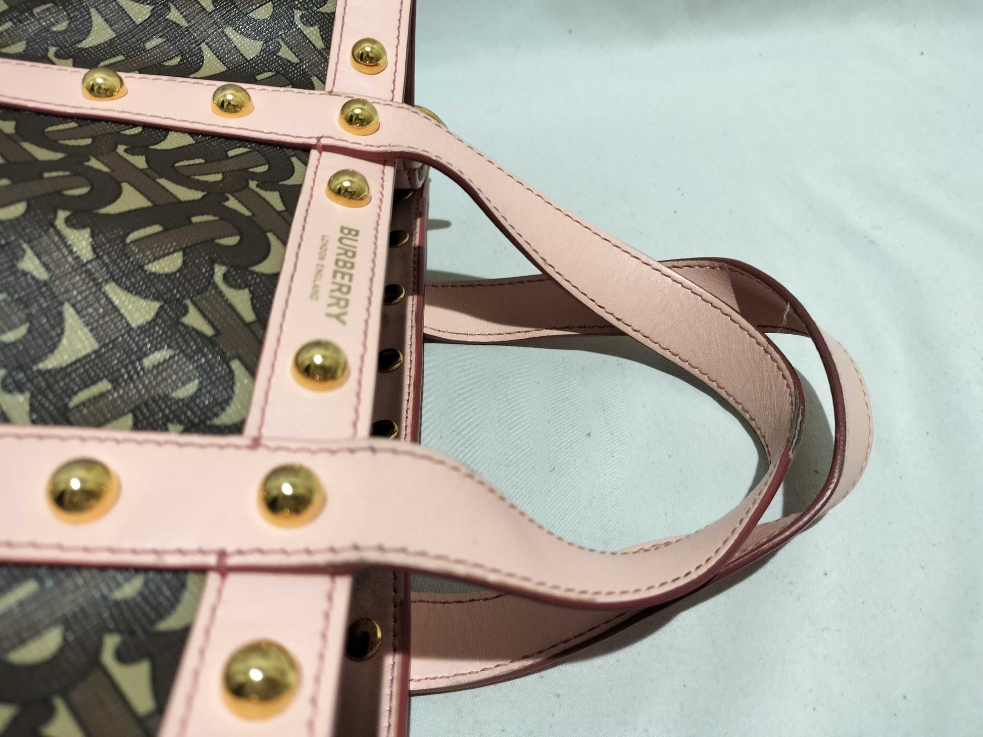 BURBERRY TB Monogram 2-way Shoulder Bag Tote Studs Brown Pink Shoulder Bag