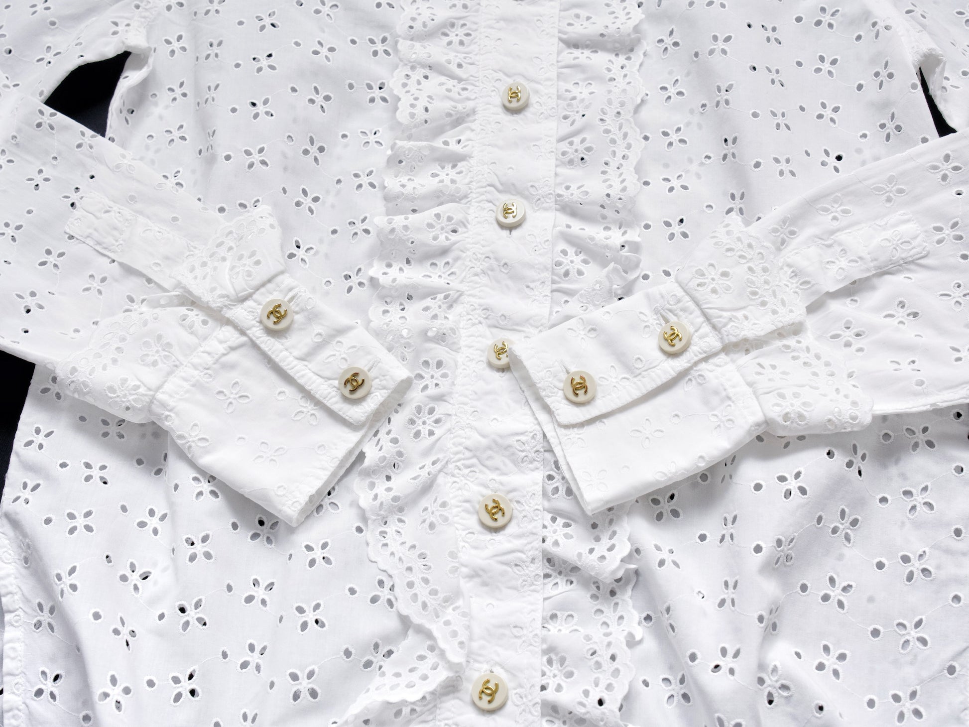 CHANEL Coco Mark 95P Ruffle Mini Shirt CC Buttons Sizes 36-38 Barbie Runway Shirt