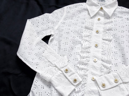 CHANEL Coco Mark 95P Ruffle Mini Shirt CC Buttons Sizes 36-38 Barbie Runway Shirt