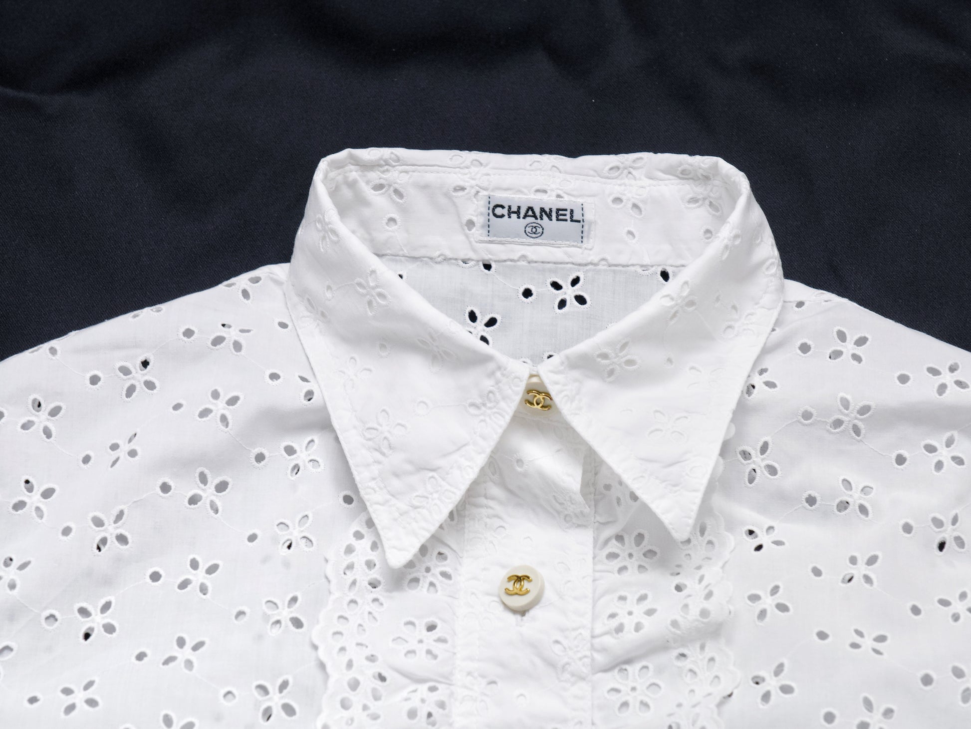 CHANEL Coco Mark 95P Ruffle Mini Shirt CC Buttons Sizes 36-38 Barbie Runway Shirt