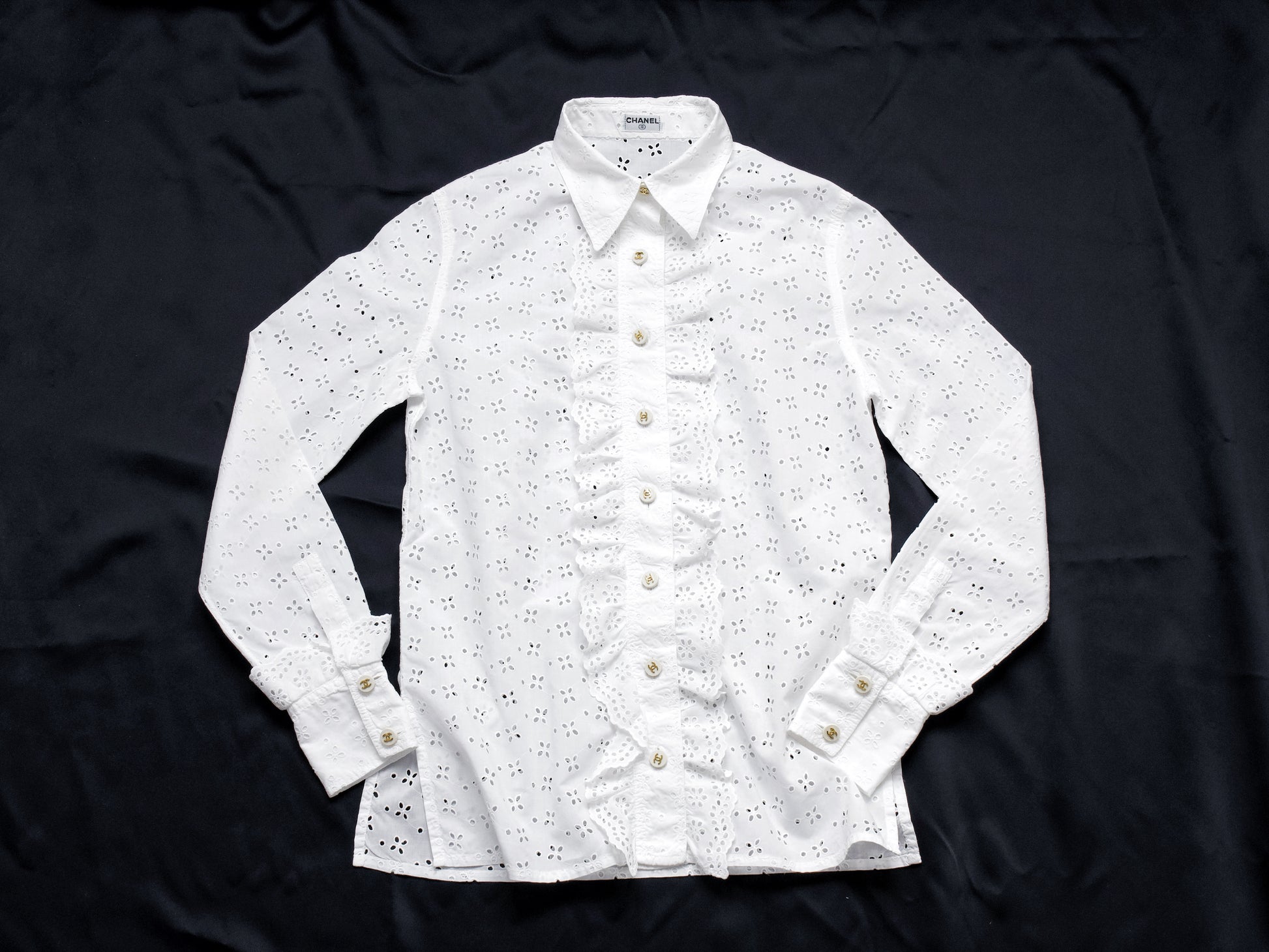 CHANEL Coco Mark 95P Ruffle Mini Shirt CC Buttons Sizes 36-38 Barbie Runway Shirt