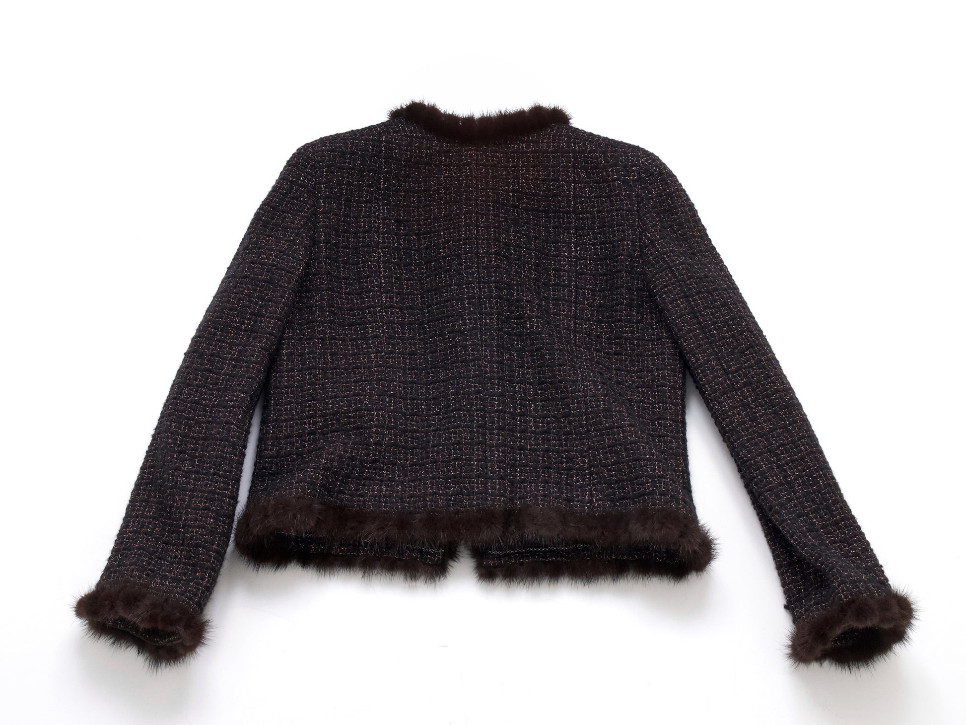 CHANEL Mink Trimmed Gold Mix Tweed Jacket