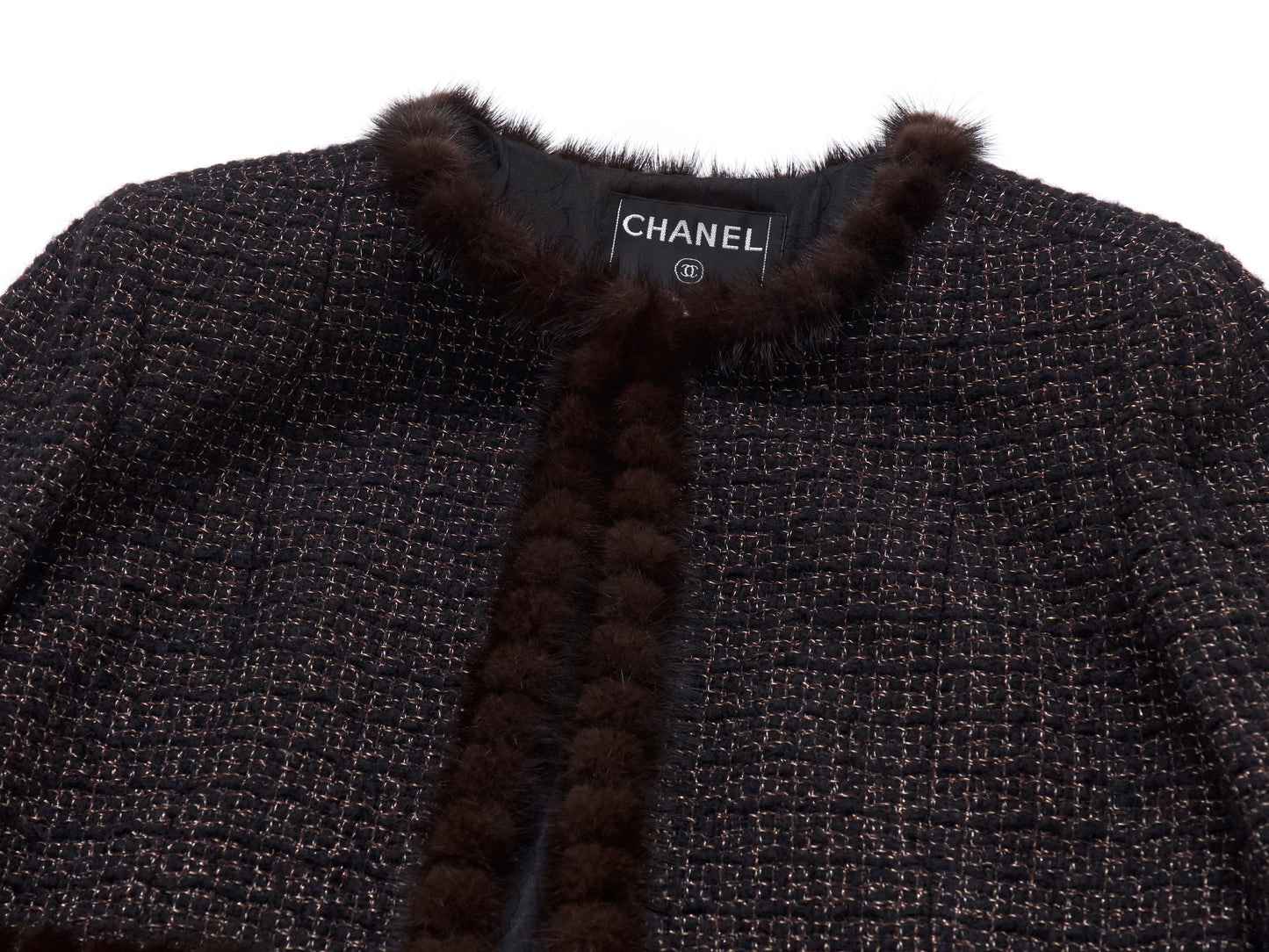 CHANEL Mink Trimmed Gold Mix Tweed Jacket