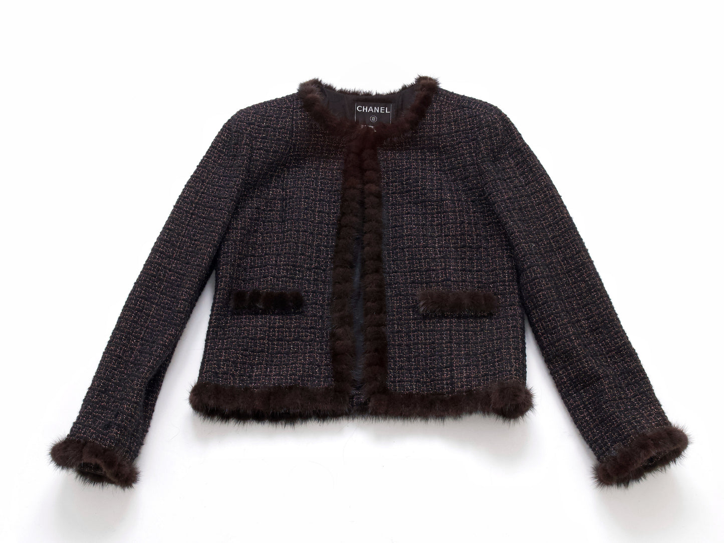 CHANEL Mink Trimmed Gold Mix Tweed Jacket