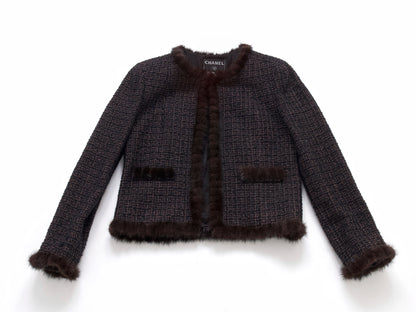 CHANEL Mink Trimmed Gold Mix Tweed Jacket