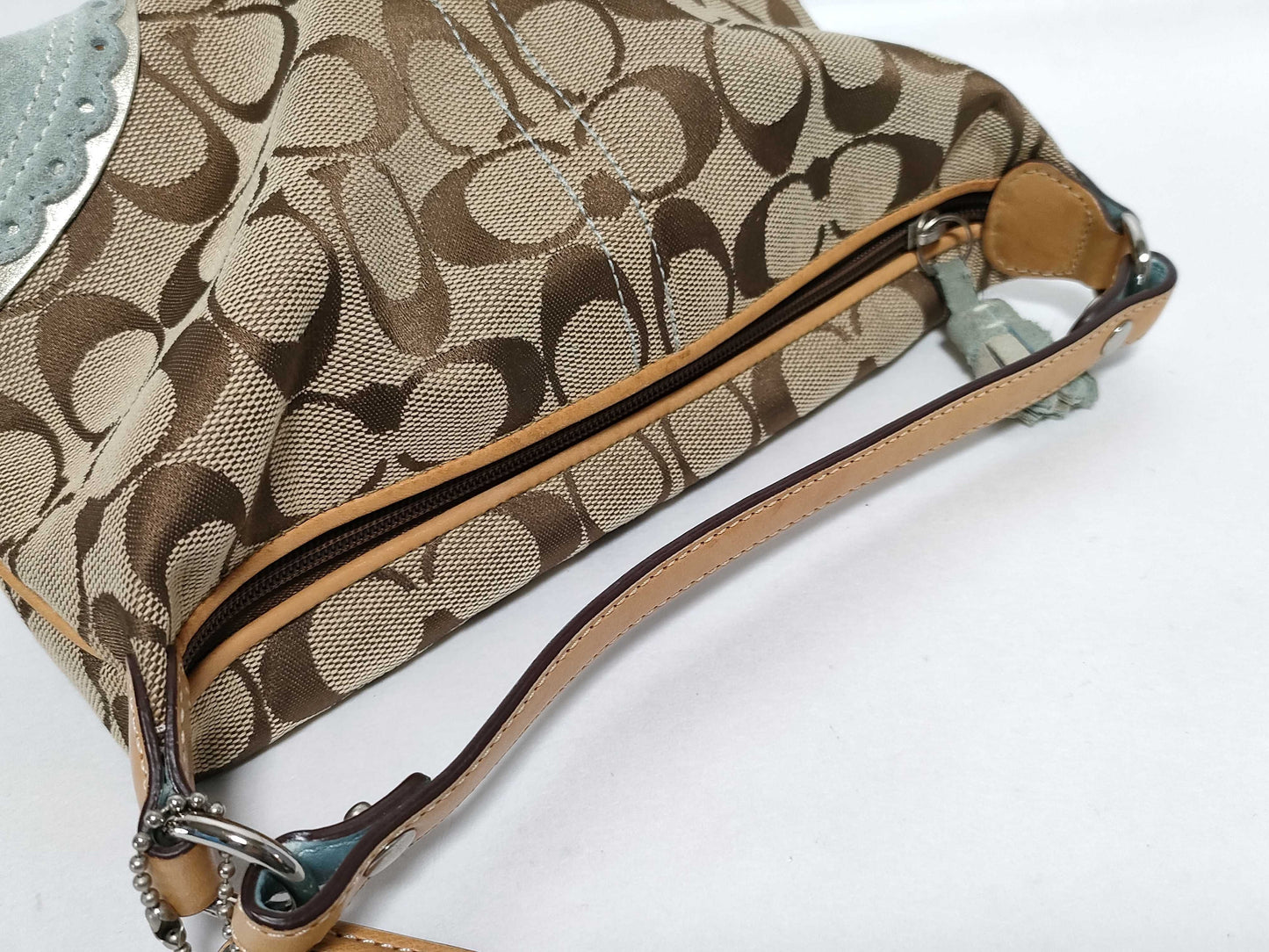 COACH Signature Handbag Canvas/Suede Beige/Light Blue Handbag