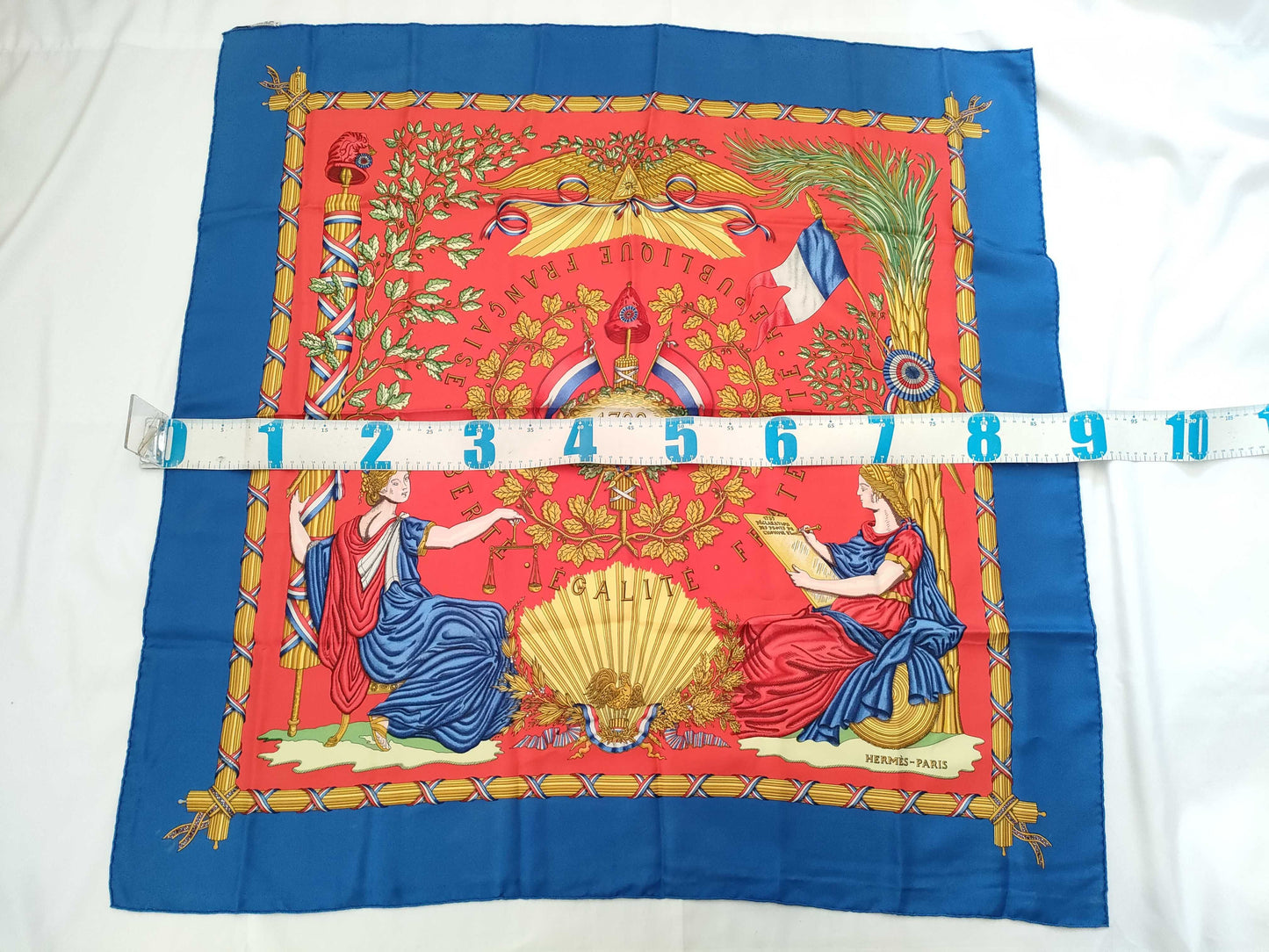 HERMES Carré 90 1789 LIBERTE EGALITE FRATERNITE REPUBLIQUE FRANCAISE Silk Scarf in Blue and Red, Commemorating the French Revolution