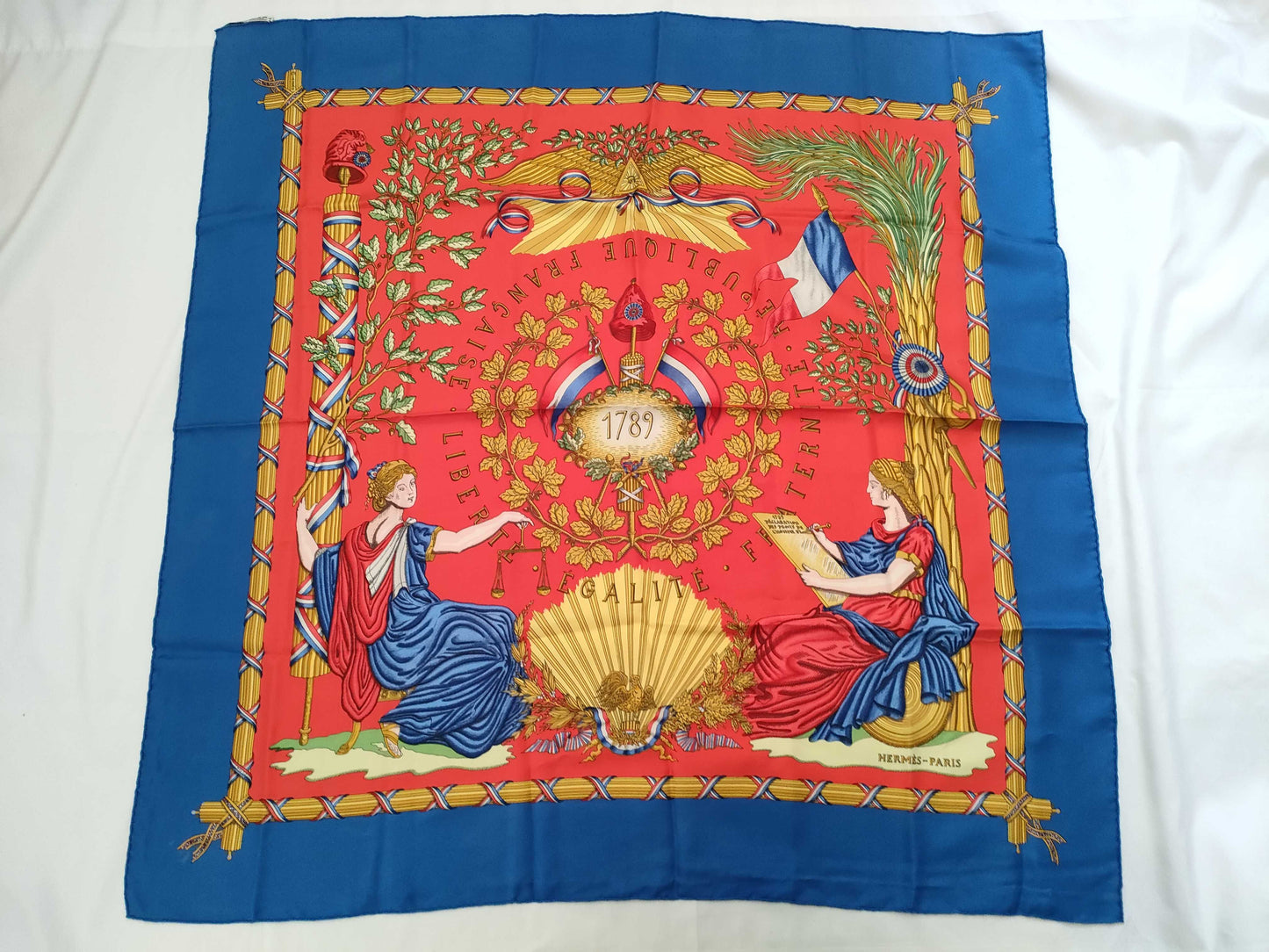 HERMES Carré 90 1789 LIBERTE EGALITE FRATERNITE REPUBLIQUE FRANCAISE Silk Scarf in Blue and Red, Commemorating the French Revolution