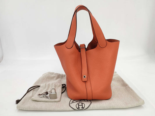 HERMES Picotin Lock PM Taurillon Clemence Leather, Orange, Silver Hardware, □R Stamp, Handbag