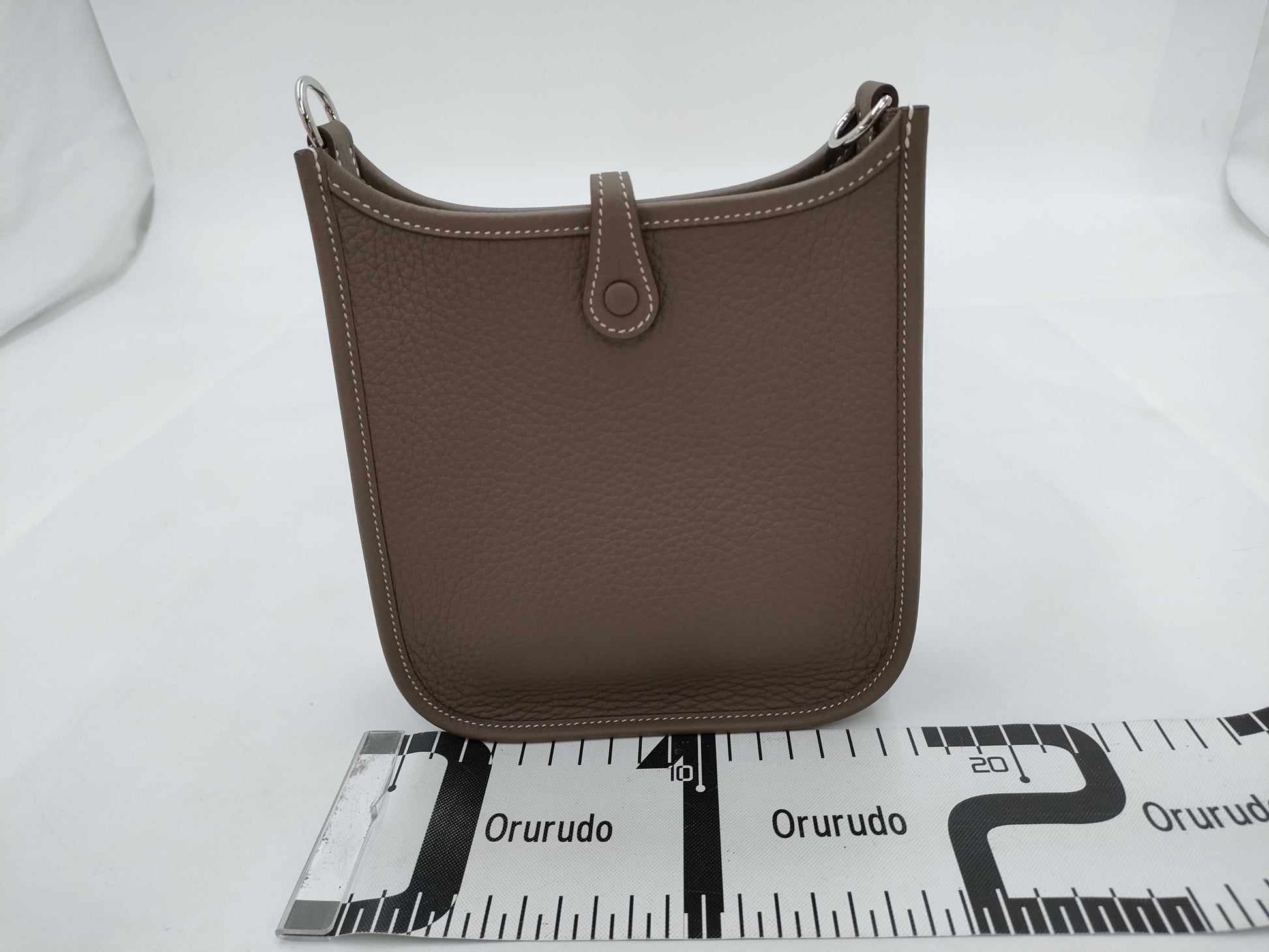 HERMES Evelyn TPM Taurillon Clemence Etoupe/Blue Indigo Shoulder Bag with Silver Hardware and Double Stamp