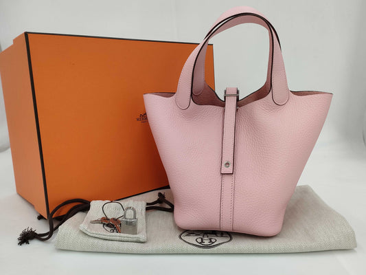 HERMES Picotin Lock 18 Rose Sakura x Taurillon Clemence x Silver Hardware K Stamp Handbag