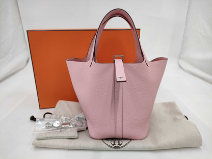 HERMES Picotin Lock 18 Rose Sakura x Taurillon Clemence x Silver Hardware K Stamp Shoulder Bag