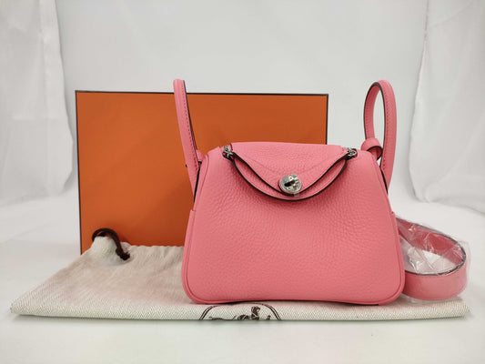 HERMES Mini Lindy 2 Rose Lipstick x Taurillon Clemence x Silver Hardware x Double Stamp Shoulder Bag