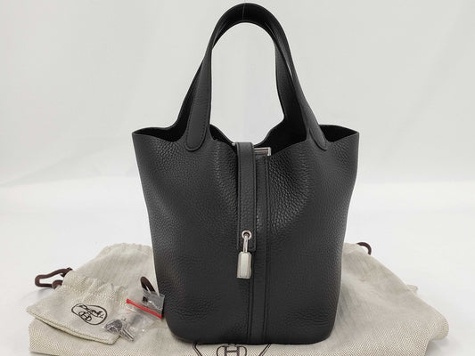 HERMES Picotin Lock PM Handbag, W Stamp, Noir, Silver Hardware, Dust Bag