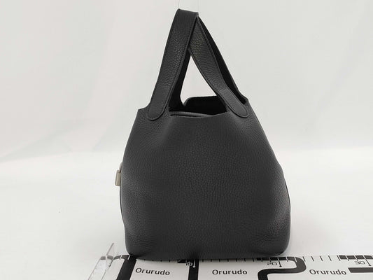 HERMES Picotin Lock PM Handbag, W Stamp, Noir, Silver Hardware, Dust Bag