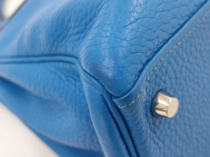 HERMES Kelly 32 Taurillon Clemence Leather Blue Zélige Handbag with Silver Hardware and P Stamp