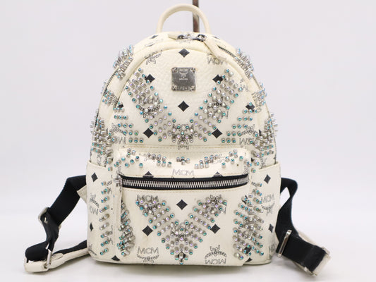 MCM Leather Visetos Studs Rucksack White Rucksack