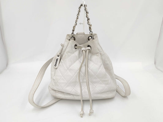 CHANEL Matlasse Caviar Skin Drawstring Backpack White Rucksack