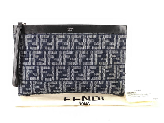 FENDI Zucca Print FF Logo Medium Clutch Bag 7N0134 Navy Black with Silver Hardware Canvas 8810 Clutch Bag