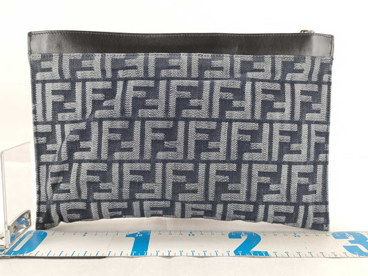 FENDI Zucca Print FF Logo Medium Clutch Bag 7N0134 Navy Black with Silver Hardware Canvas 8810 Clutch Bag