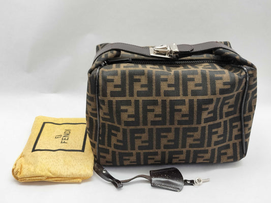 FENDI Zucca Pouch 26348 Brown Canvas Vanity Bag with Gold Hardware