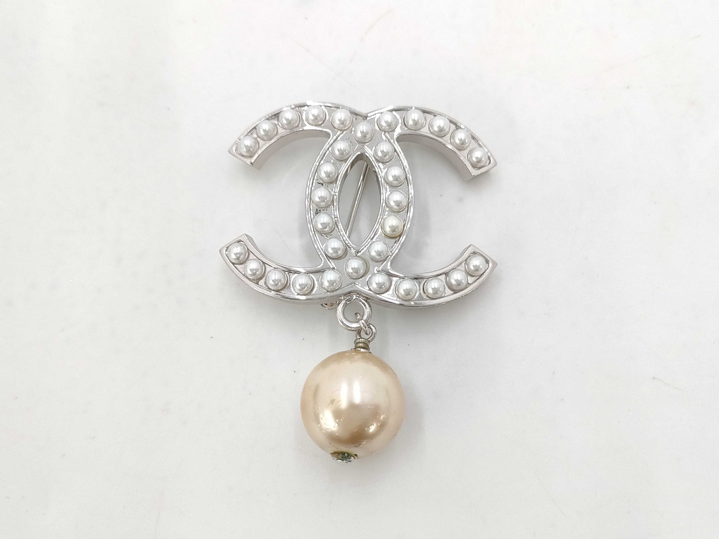 CHANEL Coco Mark Pearl Brooch Silver Brooch