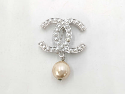 CHANEL Coco Mark Pearl Brooch Silver Brooch