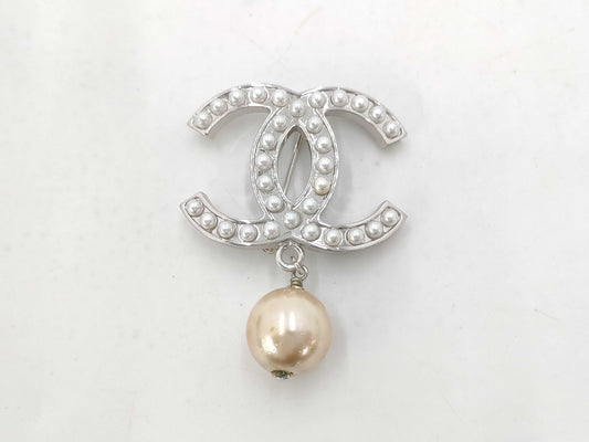 CHANEL Coco Mark Pearl Brooch Silver Brooch