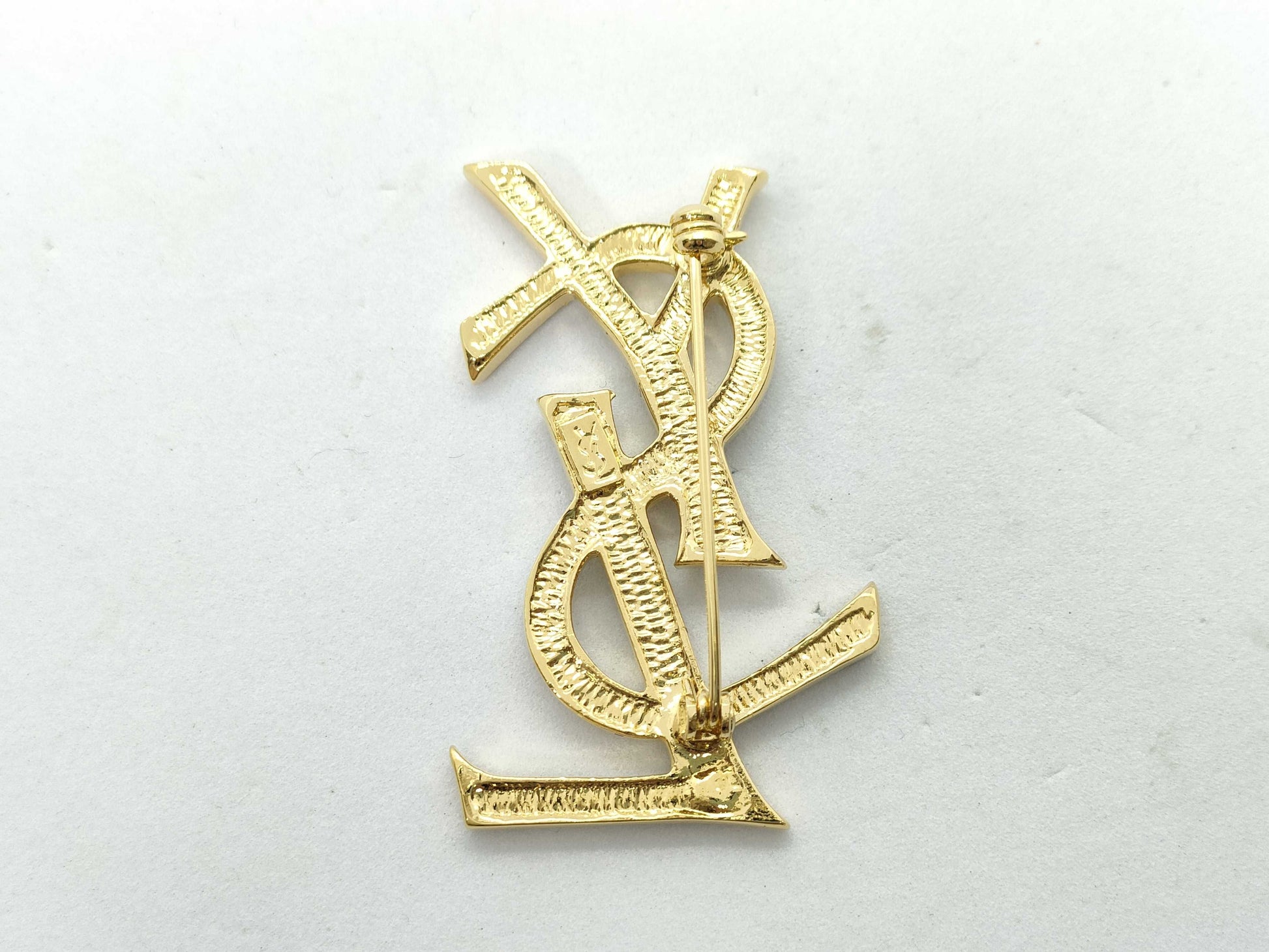 Yves Saint Laurent YSL Logo Rhinestone Brooch in Gold with Box