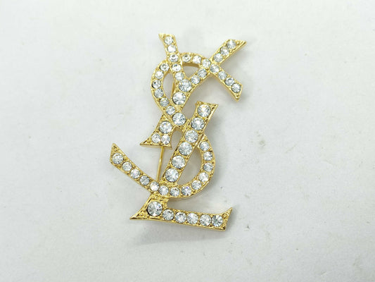 Yves Saint Laurent YSL Logo Rhinestone Brooch in Gold with Box