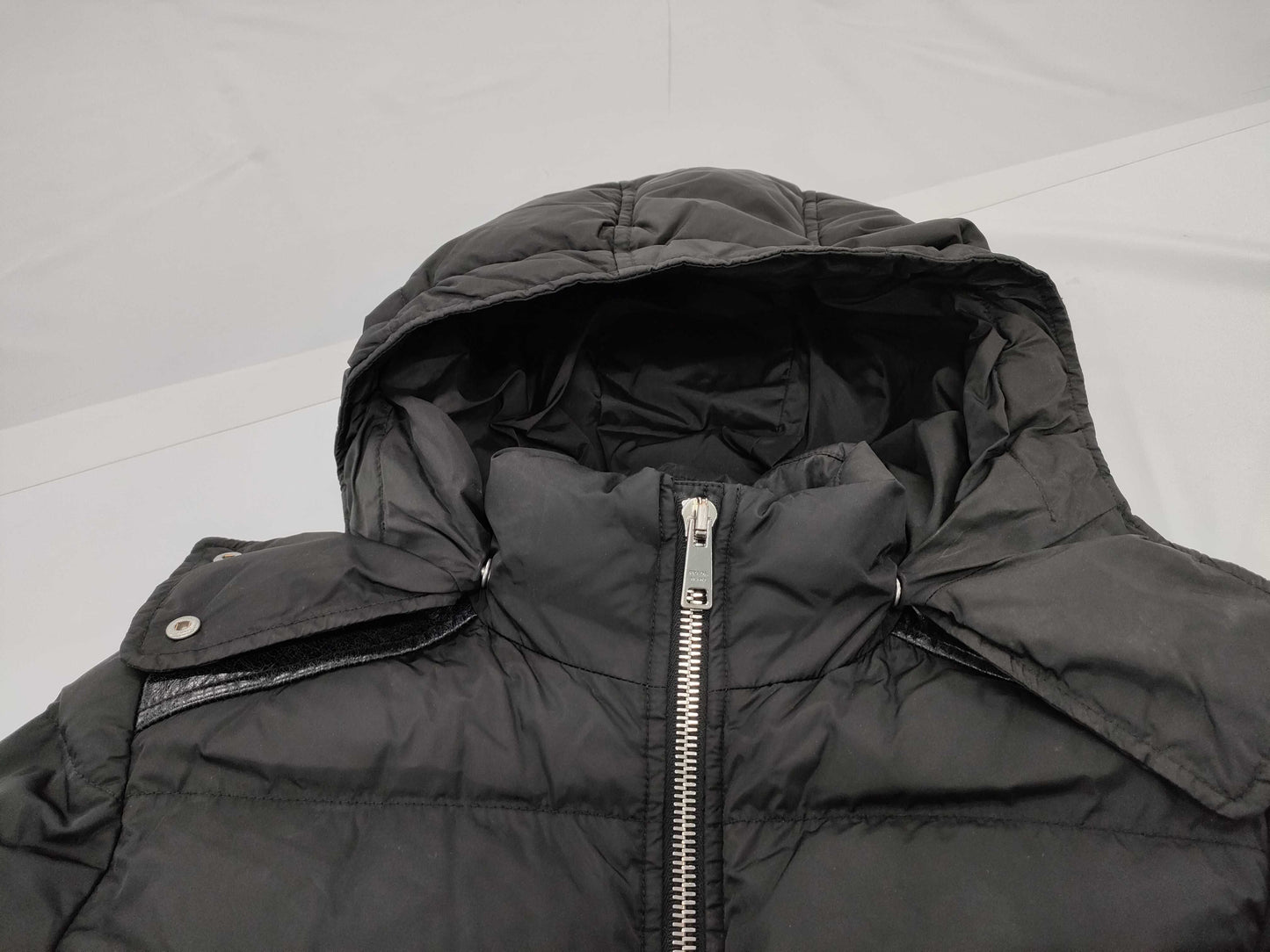 PRADA Premium Leather Tag, Premium Line, Fur Lining, Black Triangle Logo Plate, Down Coat, Black, Prada, Size 38S