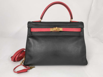 HERMES Kelly 32 Bicolor Inseam BLKxRED Handbag