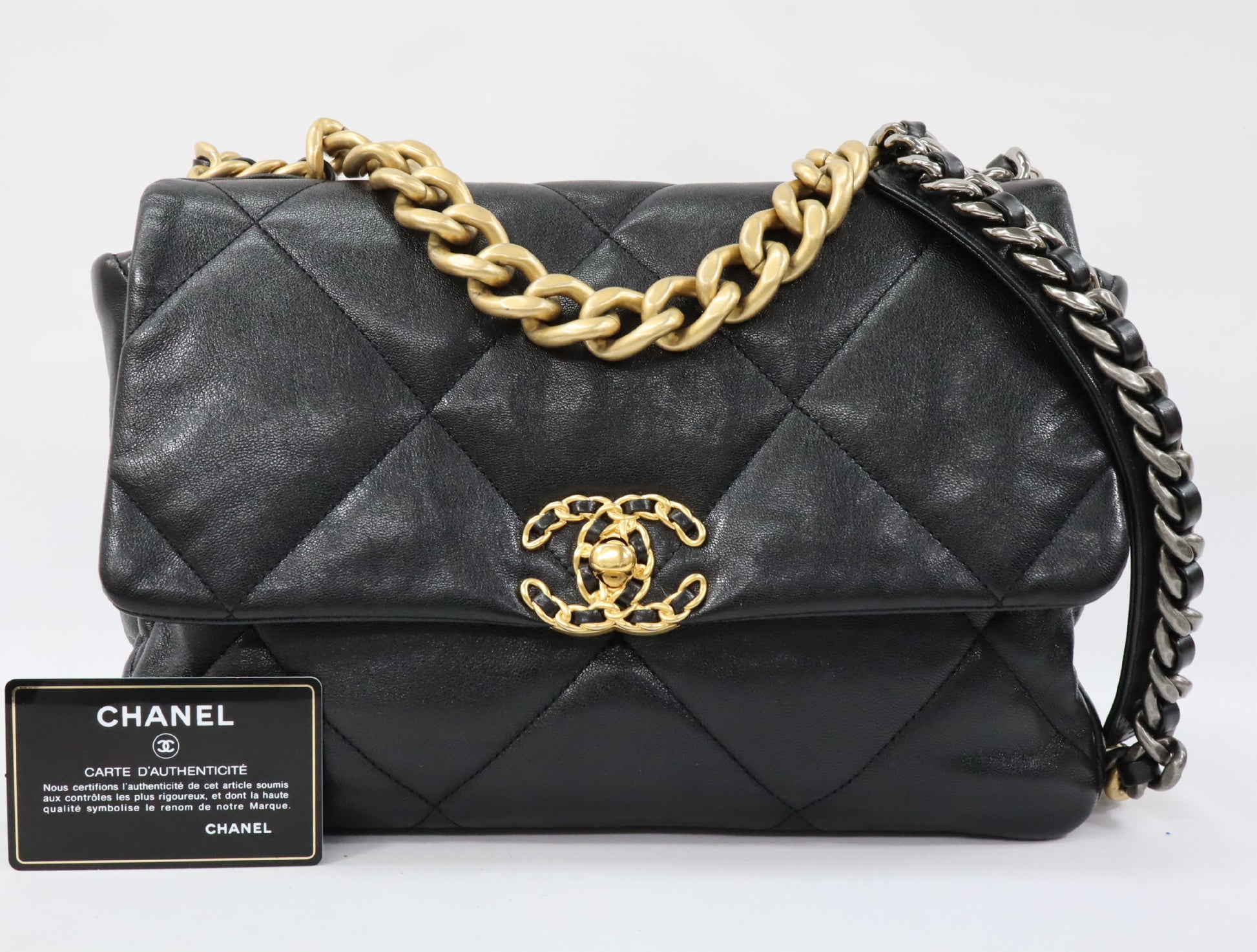 CHANEL CHANEL 19 Maxi Lambskin Chain Shoulder Bag Black Gold x Silver Fittings 29th Series AS1162 Shoulder Bag