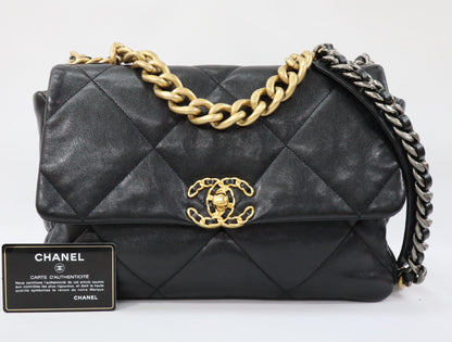 CHANEL CHANEL 19 Maxi Lambskin Chain Shoulder Bag Black Gold x Silver Fittings 29th Series AS1162 Shoulder Bag