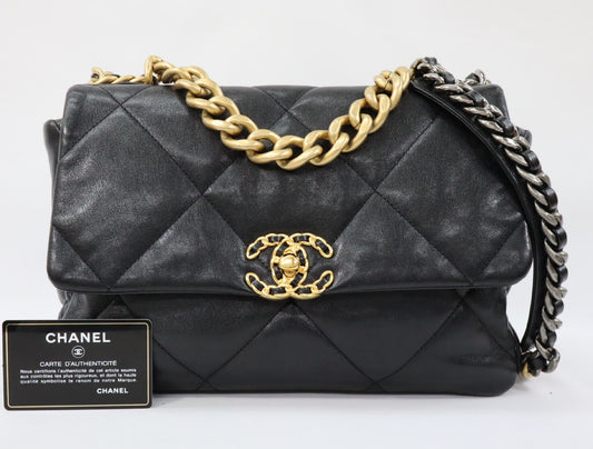 CHANEL CHANEL 19 Maxi Lambskin Chain Shoulder Bag Black Gold x Silver Fittings 29th Series AS1162 Shoulder Bag