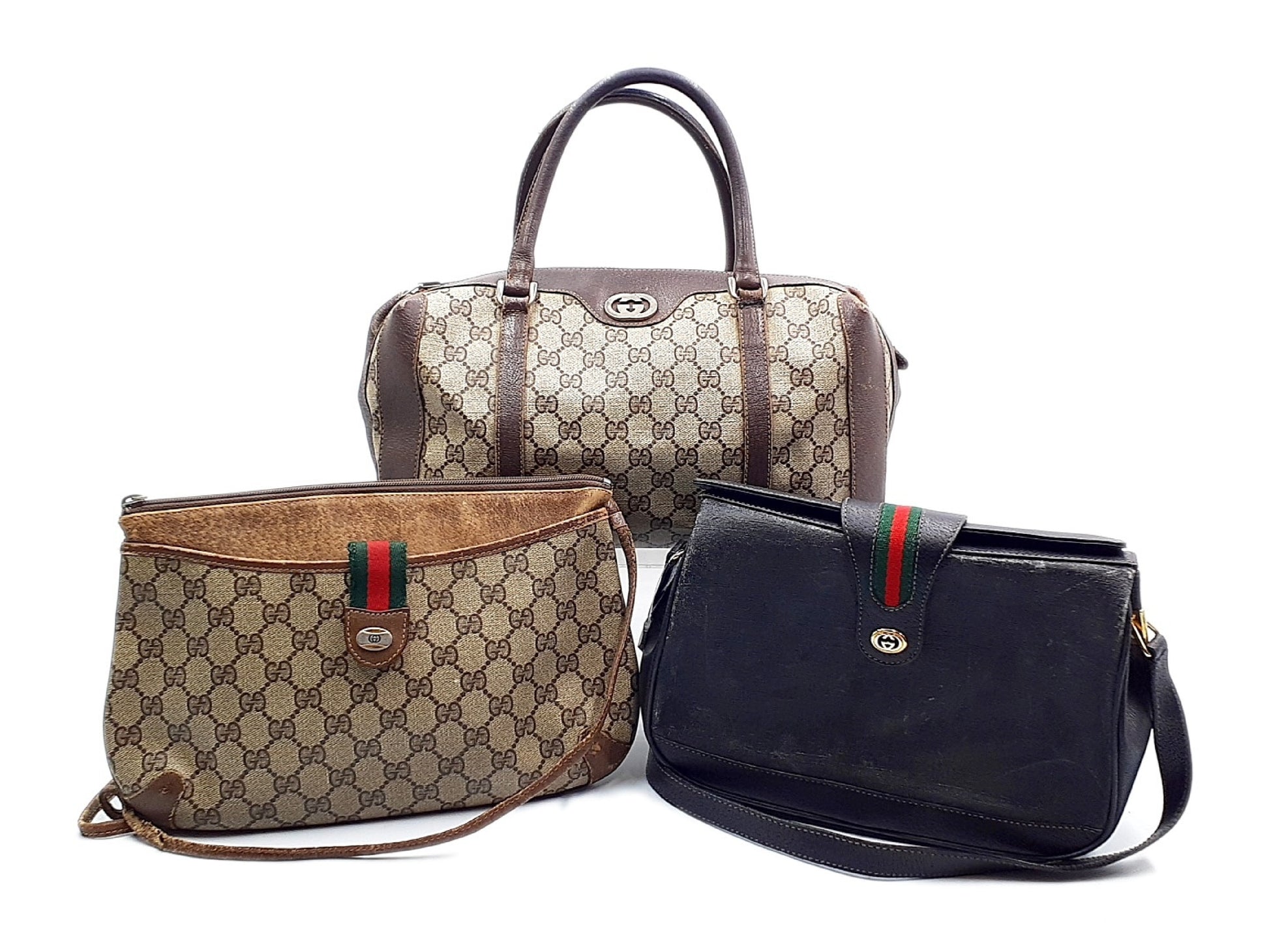 GUCCI 3-Piece Set GG Supreme Sherry Line Gold Hardware Vintage Handbag Shoulder Bag