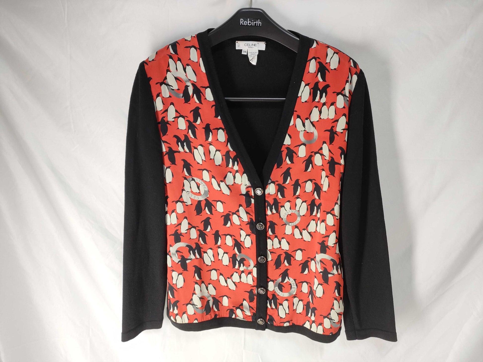 CELINE CELINE Penguin Silk Knit Switch Logo Gold Button Black Knit Cardigan Top