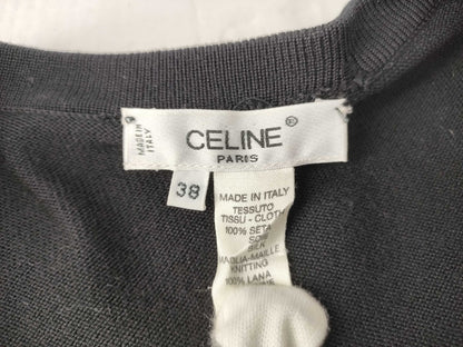 CELINE CELINE Penguin Silk Knit Switch Logo Gold Button Black Knit Cardigan Top