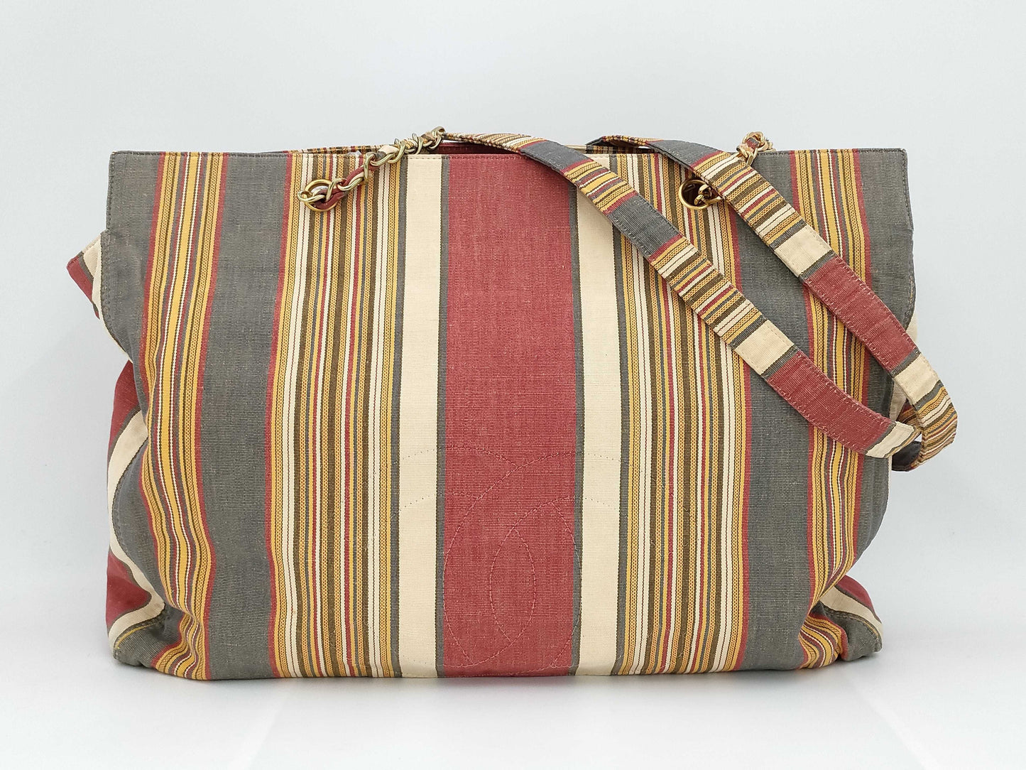 CHANEL Stripe Pattern Cloth Beige Tote Bag Tote Bag