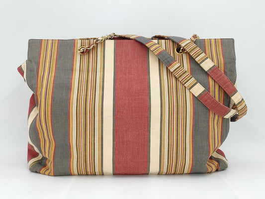 CHANEL Stripe Pattern Cloth Beige Tote Bag Tote Bag