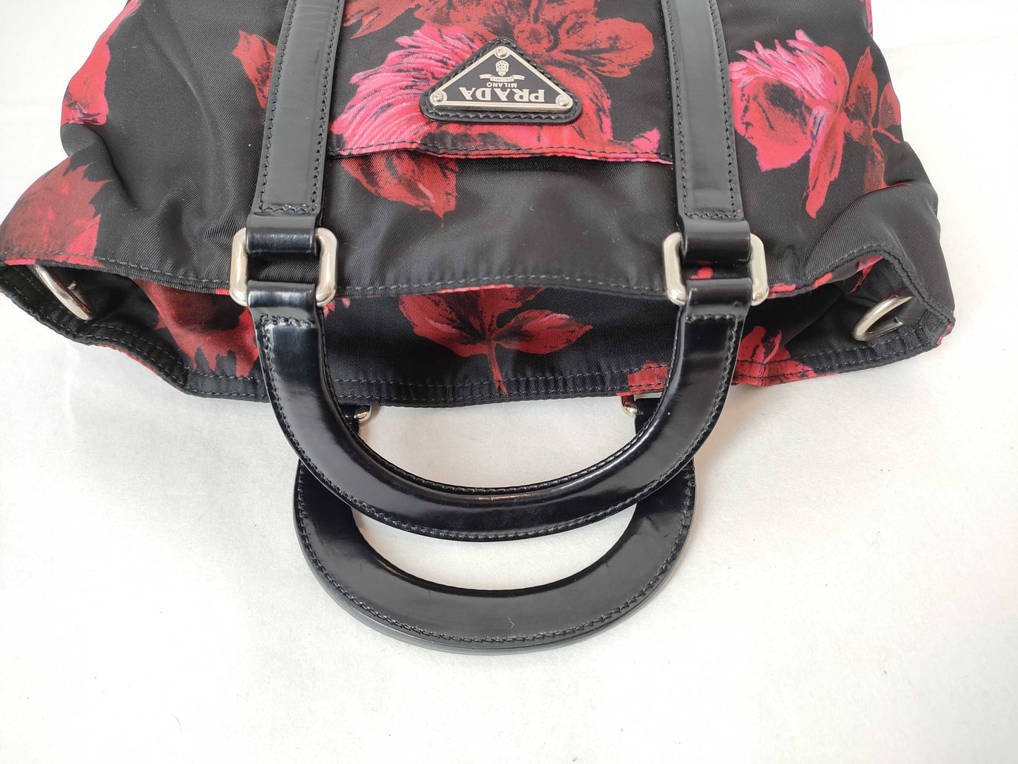 PRADA Nylon PRADA Prada Floral Nylon Handbag Black Red Handbag