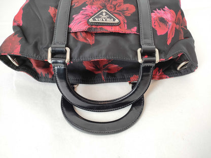 PRADA Nylon PRADA Prada Floral Nylon Handbag Black Red Handbag