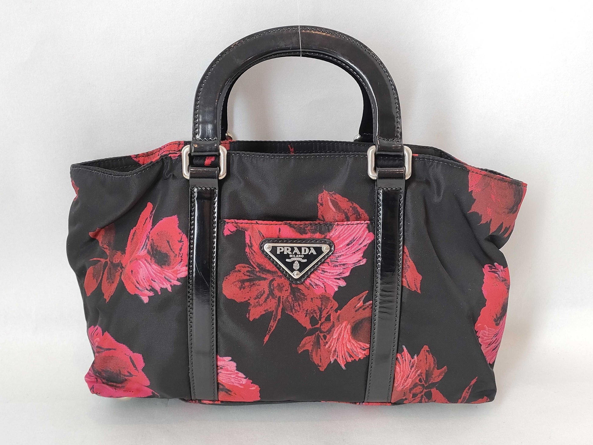 PRADA Nylon PRADA Prada Floral Nylon Handbag Black Red Handbag