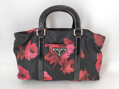 PRADA Nylon PRADA Prada Floral Nylon Handbag Black Red Handbag