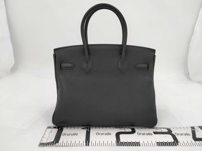 HERMES Birkin 30 Black Silver Fittings □R Engraved Topo