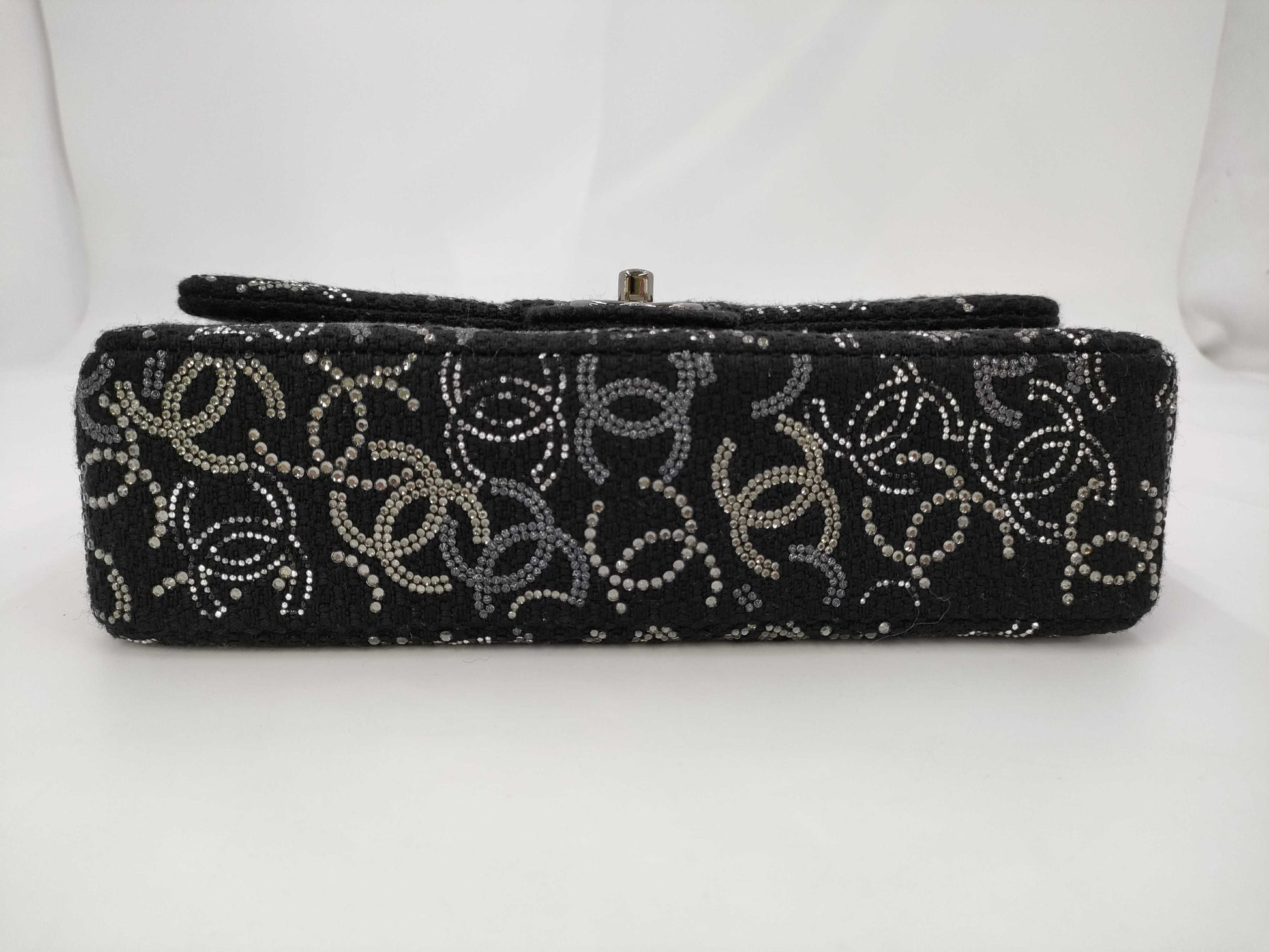 CHANEL Double Flap Chain 25 Fabric x Rhinestone Black 13th Shoulder Bag