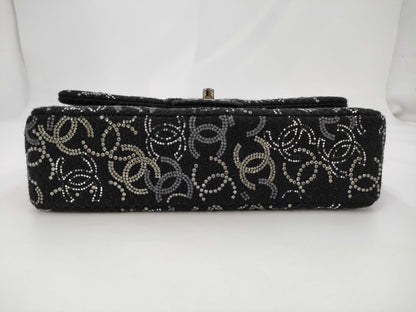 CHANEL Double Flap Chain 25 Fabric x Rhinestone Black 13th Shoulder Bag