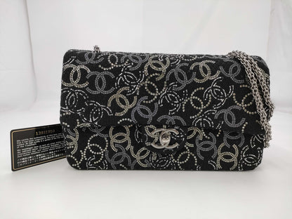 CHANEL Double Flap Chain 25 Fabric x Rhinestone Black 13th Shoulder Bag