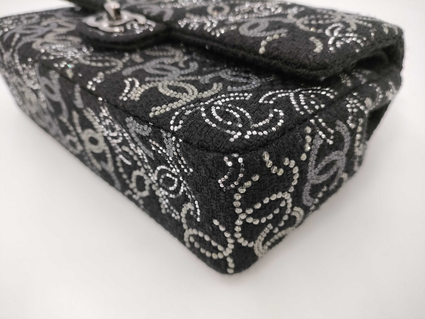 CHANEL Double Flap Chain 25 Fabric x Rhinestone Black 13th Shoulder Bag