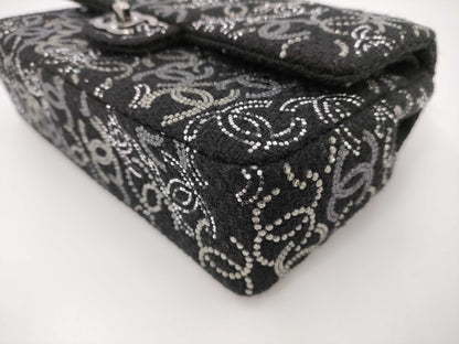 CHANEL Double Flap Chain 25 Fabric x Rhinestone Black 13th Shoulder Bag